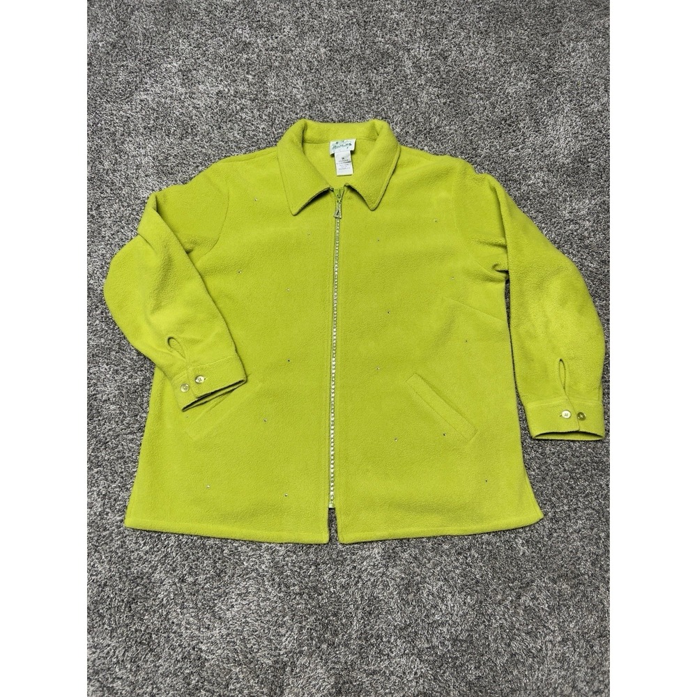 Quacker Factory Women's 1X Lime Green Rhinestone Fleece Jacket Full Zip Pockets